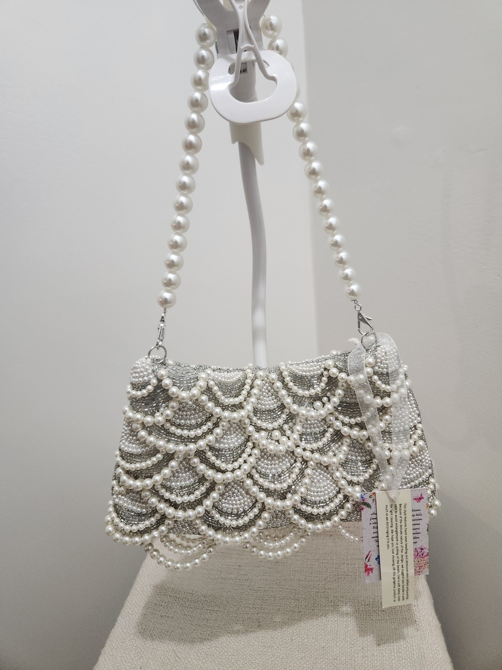 Pearl-Embellished White Beaded Shoulder Bag